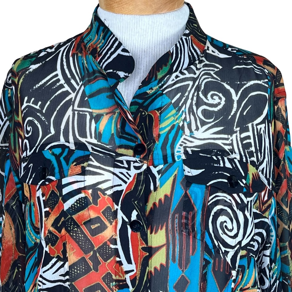 Chico’s Women’s Tailored Silk Sheer Vibrant Blouse Art To Wear Chico’s 2 = L/12 - Picture 2 of 12